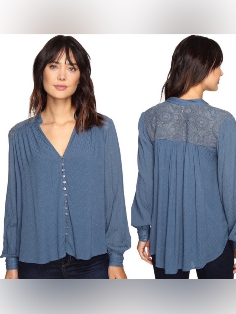 FREE PEOPLE Women's "Eden" Embroidered Blue Peasant Canyon Rose Blouse
